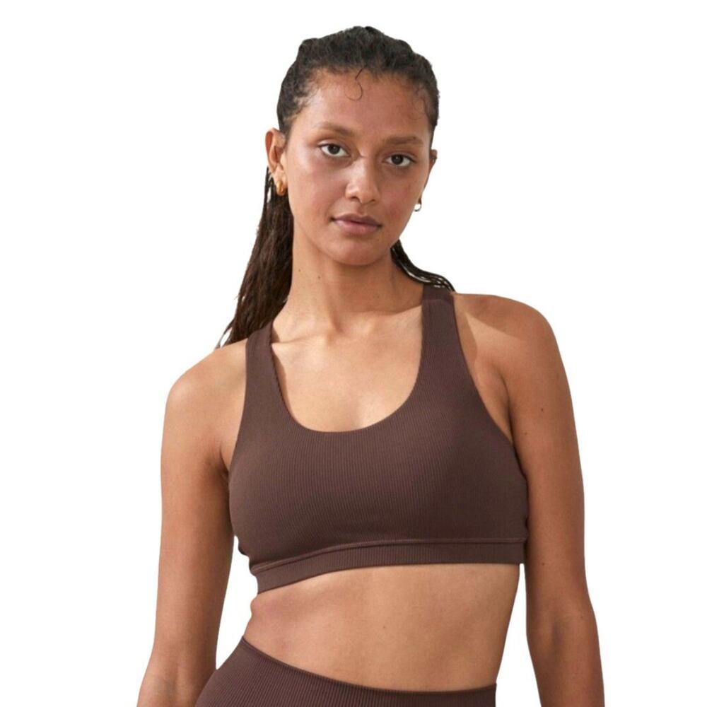 COTTON ON BODY Strappy Sports Crop Top Medium Brown Rib Scoop Neck Yoga Bra NWT